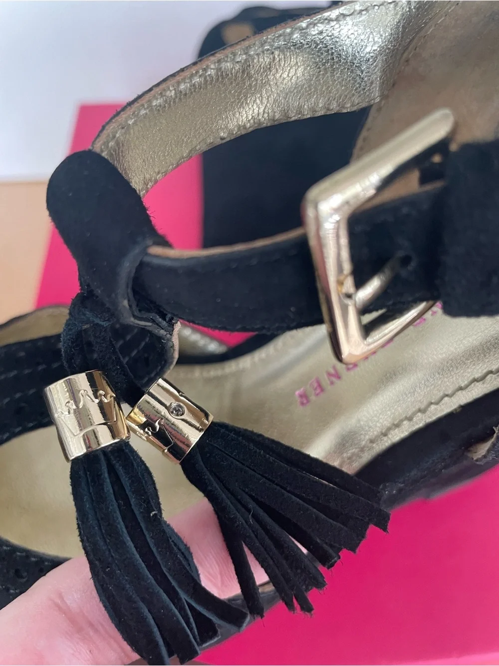 Elaine Turner Black Suede Tassel Wedge Sandals